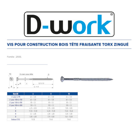 50 Vis à Bois TFX Crant TX40 8x280 mm – Zingué Blanc – Fixation Sécurisée et Durable - LENNIE