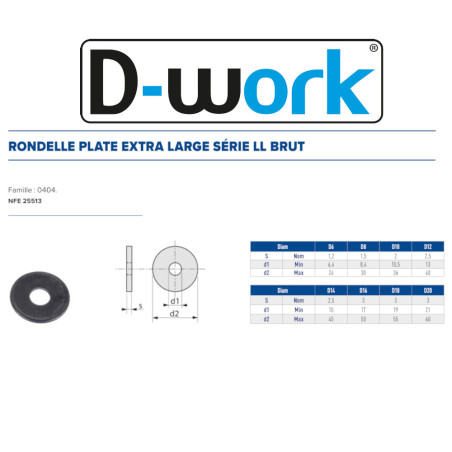 500 Rondelles Plates Extra Larges M5 mm - NFE 25513 - Brut - D-Work