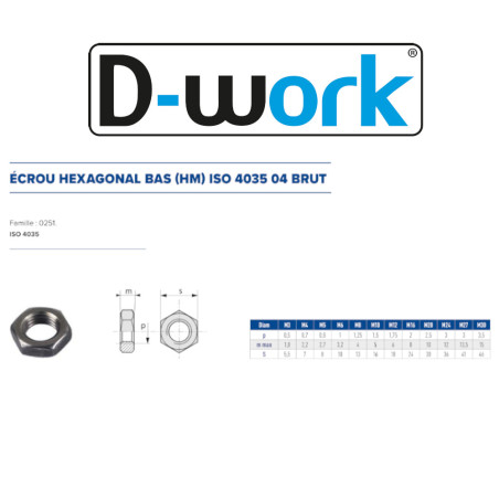 1000 Ecrous Hexagonaux Bas M3 mm - 4035 - 4 - Brut - D-Work