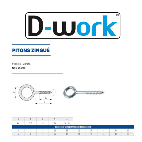 100 Pitons 6 x 60 mm – Zingué Blanc, Norme NFE 25609 – Fixation Sécurisée et Durable - LENNIE