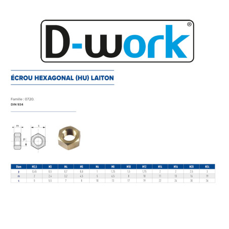 200 Ecrous Hexagonaux HU M5 mm - DIN 934 - Laiton - D-Work