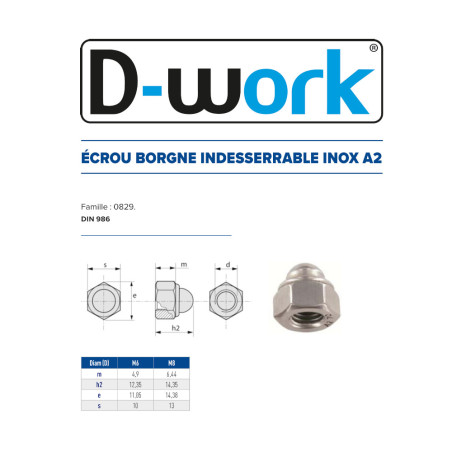 200 Écrous Borgnes D.6 – Inox A2, Norme DIN 986 – Protection et Résistance - LENNIE