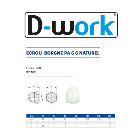 100 Ecrous Borgnes M12 mm - DIN 1587 - Polyamide - D-Work