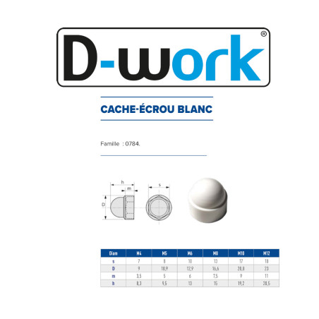 200 Cache-Ecrous Blanc Clé de 8 - M5 mm - Polyamide - D-Work