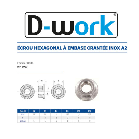 100 Ecrous à Embase Crantée M10 mm - DIN 6923 - Inox A2 - D-Work