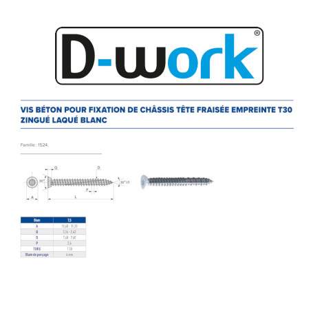 200 Vis à Béton d'Ancrage TF Torx 7.5x62 mm – Zingué Laqué Blanc – Fixation Sécurisée et Durable - LENNIE