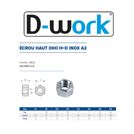 100 Écrous Hauts H?D Ø14 mm – Inox A2, Norme UNI 5587 – Résistance et Durabilité - LENNIE