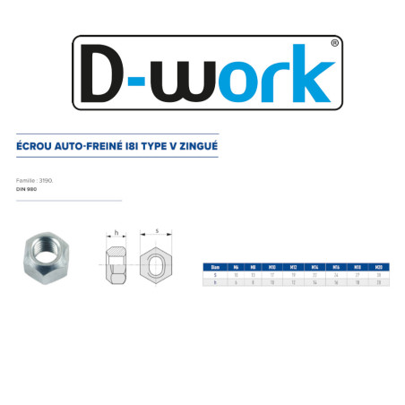 100 Ecrous Freins Indésserrables M18 mm - DIN 980 - 8 - Zingué blanc - D-Work