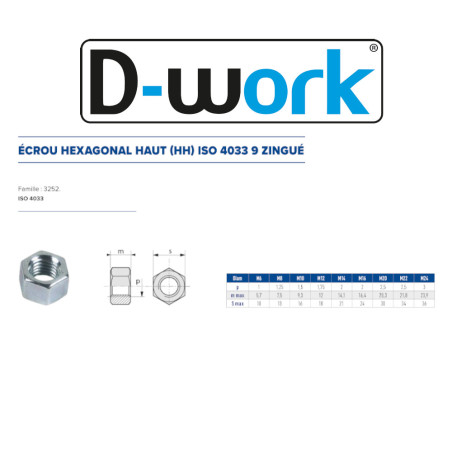 1000 Écrous Hauts M6 - Acier CL8, Norme DIN 934 - Fixation Robuste et Fiable - D-Work