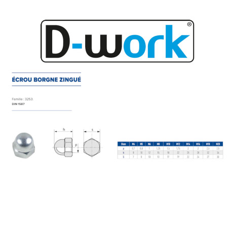 200 Ecrous Borgnes M5 mm - DIN 1587 - Zingué blanc - D-Work