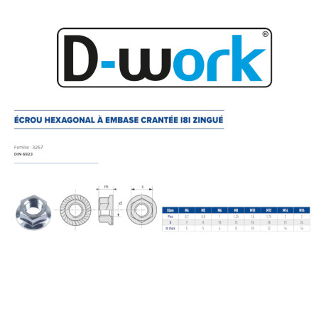100 Ecrous Hexagonaux à Embase Crantée M10 mm - DIN 6923 - 8 - Zingué blanc - D-Work
