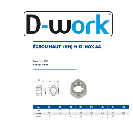 25 Écrous Hauts H?D Ø18 mm – Inox A4, Norme UNI 5587 – Résistance et Durabilité - LENNIE