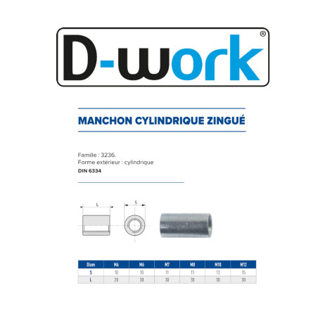 250 Manchons Cylindriques M6 x 30 mm - Zingué blanc - D-Work