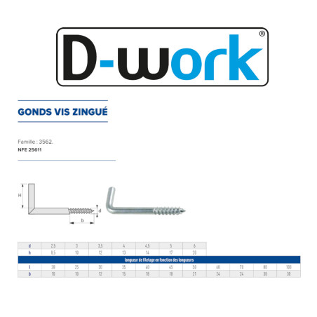 200 Gonds à Vis 4 x 30 mm - NFE 25611 - Zingué blanc - D-Work