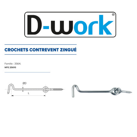 25 Crochets Contrevent 5 x 100 mm - NFE 25610 - Zingué blanc - D-Work