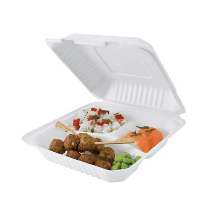 50 Lunch Boxes Menu 3 Compartments 229 x 229 x 44,8 mm in Cane Pulp Biodegradable Single Use - D-Work