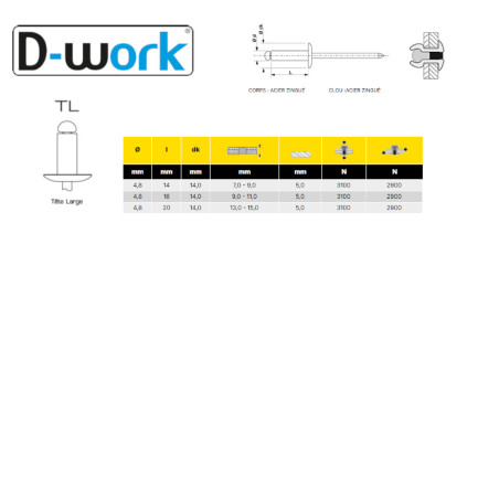 250 Rivets Aveugles Tout Acier 4.8x16 mm - Résistants et Fiables - - D-Work
