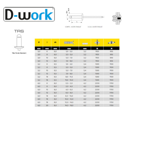 500 Rivets Aveugles Tout Acier TR 4x18 mm - Résistants et Durables - - D-Work