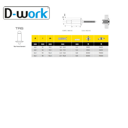 250 Rivets Structurels Inox A2 TR Highbolt TRS 4.8x14 mm - Résistants et Durables - D-Work
