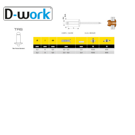500 Rivets Aveugles Cuivre/Bronze 3.2x6 mm - Résistants et Durables - - D-Work