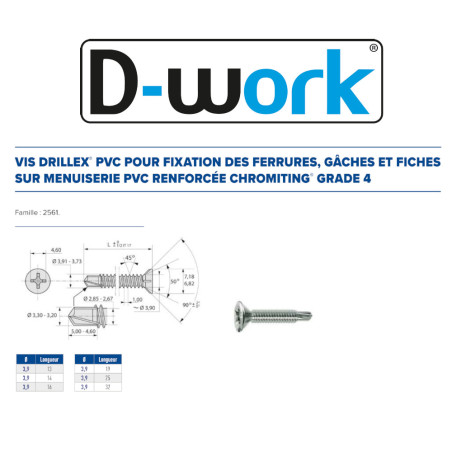 1000 Vis Drillex PVC Grade 4 TF PH2 3,9x16 mm - Chromiting - Fixation Durable et Résistante - D-Work