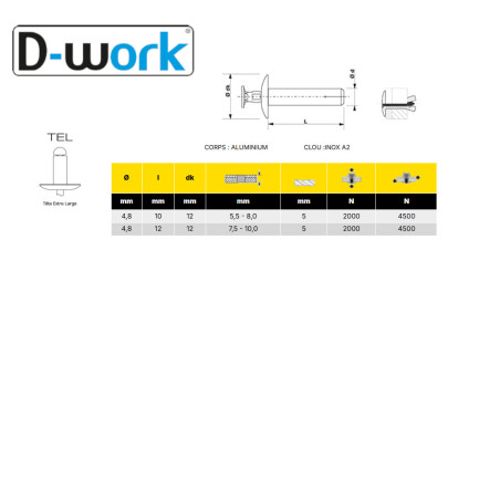 250 Rivets d Expansion Aluminium/Inox Ø4.8x12 mm Fixation Durable et Résistante - D-Work