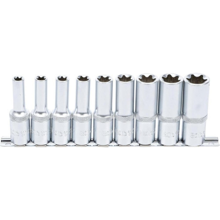 Jeu de Douilles Profil E Longues 12,5 mm (1/2) E10 - E24 - 9 pcs - Précision et Durabilité, Acier - D-Work
