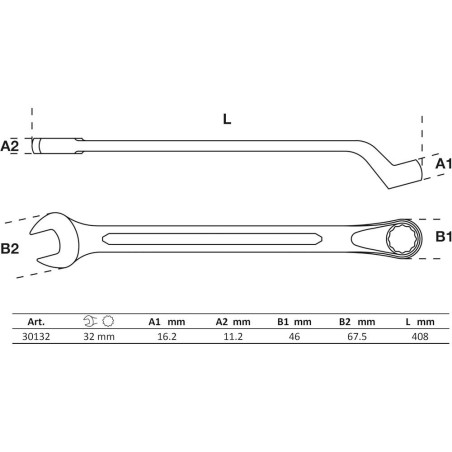 Clé Mixte Coudée 32 mm - Acier Résistant - Prise et Maniabilité Optimales, Zones Difficiles - D-Work