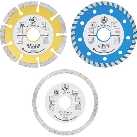Jeu de 3 Disques de Coupe Diamant 115 mm - Ø20 mm Perçage Frontal - Coupe Précise et Durable - BGS