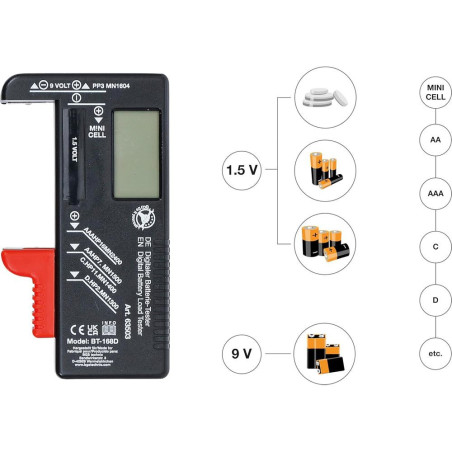 Testeur de Batterie Numérique 1,5V/9V - Compact, Précis et Facile d Utilisation - BGS