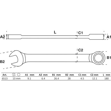 Clé Mixte à Cliquet 13 mm - 251x59x22 mm - Acier, Précision et Maniabilité - - BGS