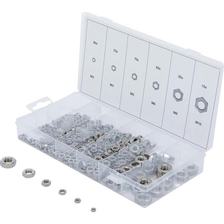 Assortiment d’Écrous Six Pans Acier Inoxydable 300 Pièces - Résistants et Durables - BGS