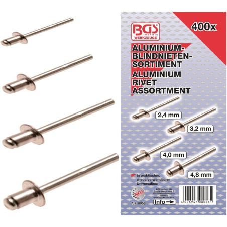 Assortiment de Rivets Pop Aluminium 2,4-4,8 mm - 400 Pièces - Fixation Solide et Polyvalente - BGS