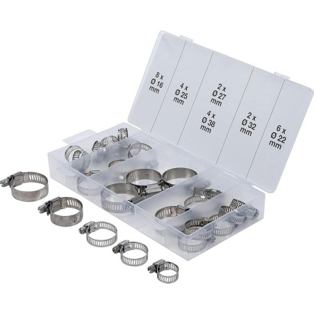 Assortiment de 26 Colliers de Serrage Inoxydables Ø16-38 mm - Résistants et Durables - BGS