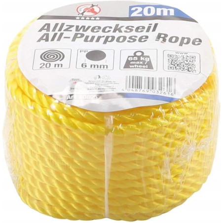 Corde Plastique Universelle 6 mm x 20 m - Jaune - Résistante et Polyvalente - BGS