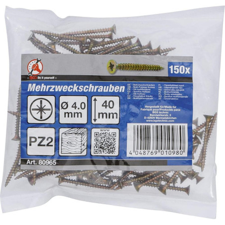 Vis Multifonctions Cruciforme PZ2 4 x 40 mm - Lot de 150 pcs - Acier Résistant et Polyvalent, Pro - D-Work