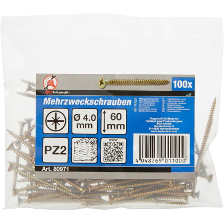 Vis Multifonctions Cruciforme PZ2 4 x 60 mm - Lot de 100 pcs - Acier Résistant et Polyvalent, Pro - D-Work