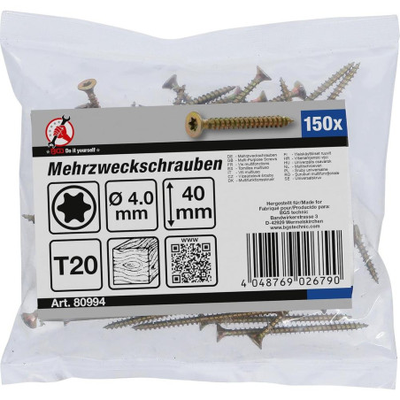 Vis Multifonctions Profil en T Torx T20 4x40 mm - Lot de 150 Pièces - Acier Résistant et Polyvalent - BGS