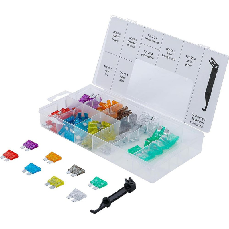 Assortiment de Fusibles Auto 97 pièces - Largeur 11,1 cm, Hauteur 3,1 cm, Profondeur 22,6 cm - Variété Complète pour Prote - BGS