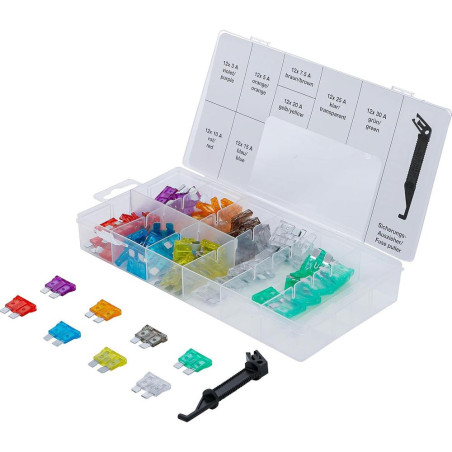 Assortiment de Fusibles Auto 97 pièces - Largeur 11,1 cm, Hauteur 3,1 cm, Profondeur 22,6 cm - Variété Complète pour Prote - BGS