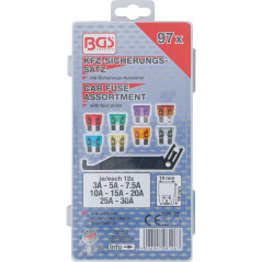 Assortiment de Fusibles Auto 97 pièces - Largeur 11,1 cm, Hauteur 3,1 cm, Profondeur 22,6 cm - Variété Complète pour Prote - BGS