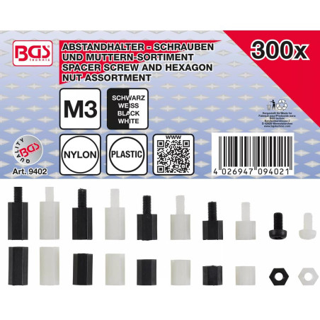 Assortiment de Vis de Séparation et Écrous Hexagonaux Nylon - 300 pcs - Résistants et Légers - - BGS
