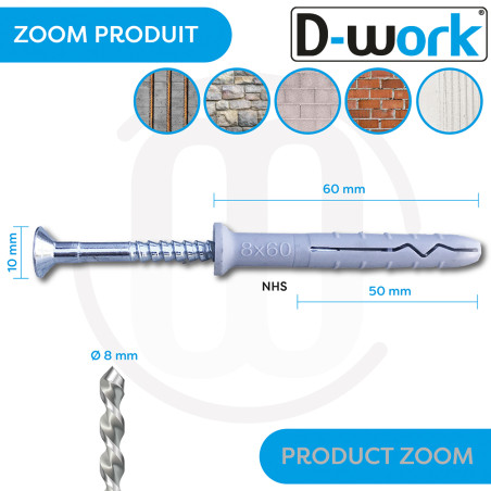 200 NHS Countersunk Dowels D. 8 x Lt. 60 mm with Countersunk Head Screw (in bucket) - D-Work