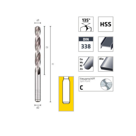 Foret Hélicoïdal Court HSS Ø2,5 mm Long. Tot. 57 mm - DIN 338 RN - Usage Professionnel - ALPEN-MAYKESTAG