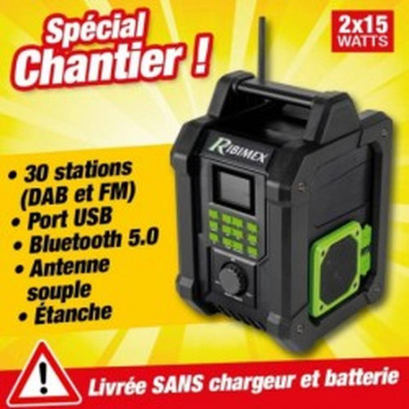 Radio R-BAT20 20V – Sans Batterie ni Chargeur – Portable et Pratique – Idéale pour les Chantiers - RIBIMEX