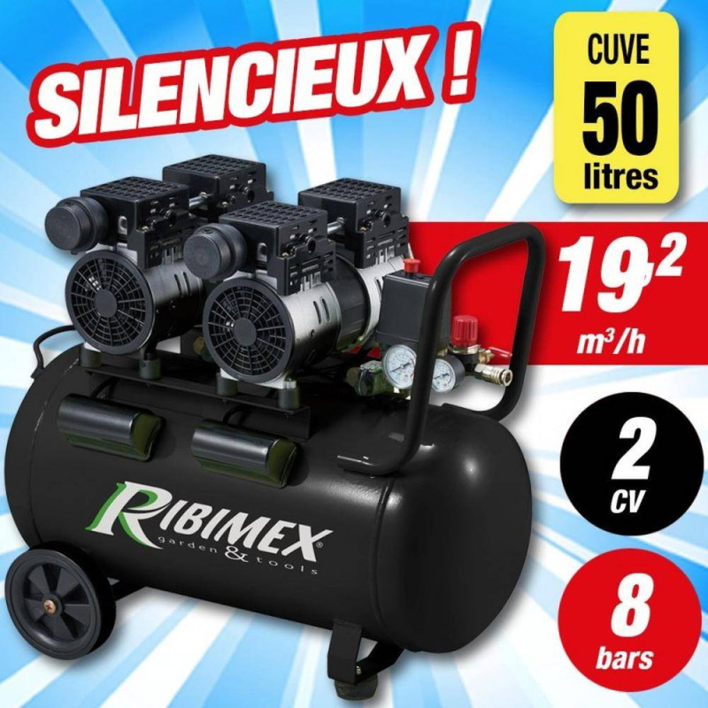 Compresseur Électrique 2 x 1CV 50L – Silencieux, Haute Performance – Idéal pour Travaux de Bricolage - RIBIMEX
