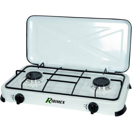 Réchaud Gaz 2 Feux 2x2200W – Blanc avec Couvercle – Idéal pour Camping et Cuisine d'Extérieur - RIBIMEX