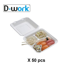 50 Lunch Boxes Menu 3 Compartments 229 x 229 x 44,8 mm in Cane Pulp Biodegradable Single Use - D-Work