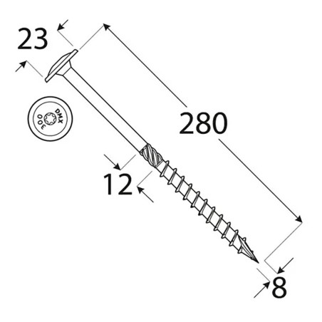 50 Vis de Construction à Tête Large 8x280 mm T40 - Acier Zingué - Fixation Fiable - D-Work
