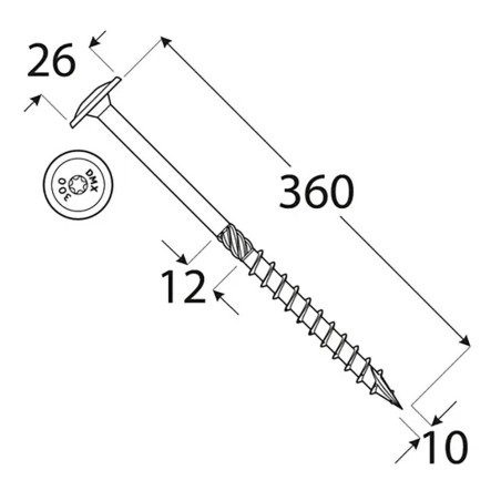 25 Vis de Construction à Tête Large 10x360 mm T40 - D-Work